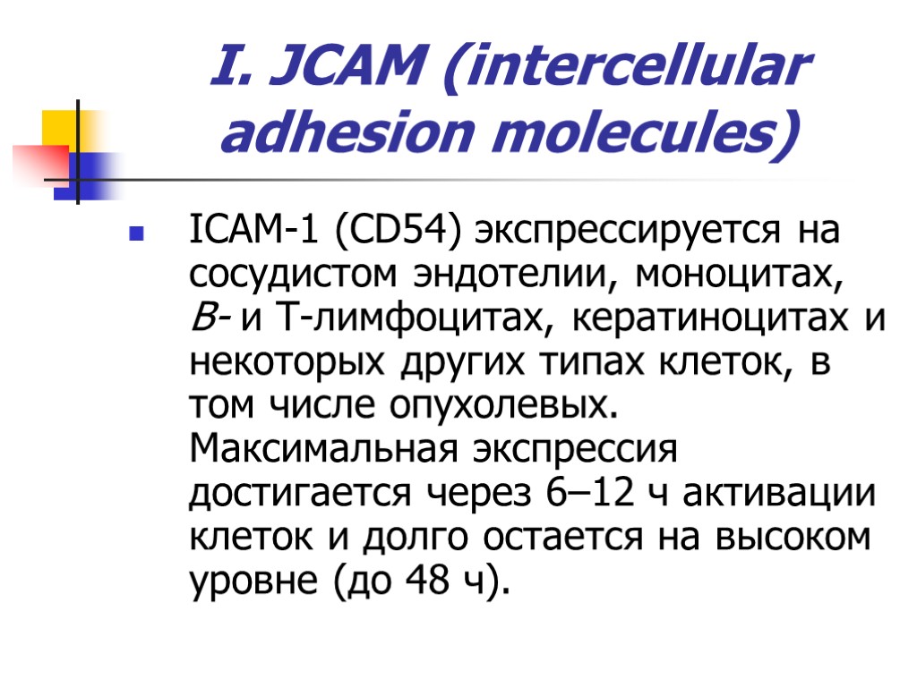 I. JCAM (intercellular adhesion molecules) ICAM-1 (CD54) экспрессируется на сосудистом эндотелии, моноцитах, В- и